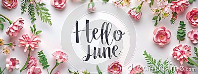 Abstract background with watercolor colorful splashes and flowers. Hello June - modern calligraphy lettering. Summer concept Stock Photo