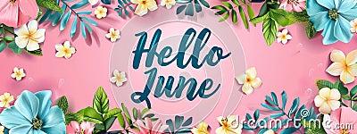 Abstract background with watercolor colorful splashes and flowers. Hello June - modern calligraphy lettering. Summer concept Stock Photo