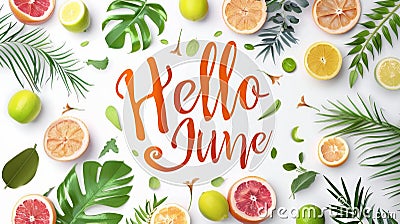 Abstract background with watercolor colorful splashes and flowers. Hello June - modern calligraphy lettering. Summer concept Stock Photo