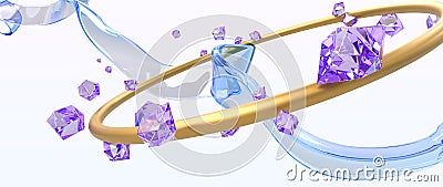 Abstract background with wave glass ribbon, gold round frame and purple gem stones 3d render. Flying geometric Cartoon Illustration