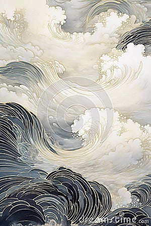 Abstract background with waves in black and beige colors. Neutral wall art, printable vertical poster, watercolor style Stock Photo
