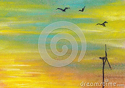 Abstract background with windmill and birds drawing by pastel Stock Photo