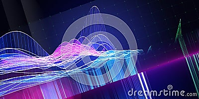 Abstract background wireframe noise grid with color lines on dark blue. Represent concept of 3d algorithms. Banner for science and Stock Photo