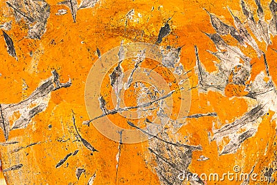 Abstract background wooden surface piece round slide covered orange paint weathered flaky Stock Photo