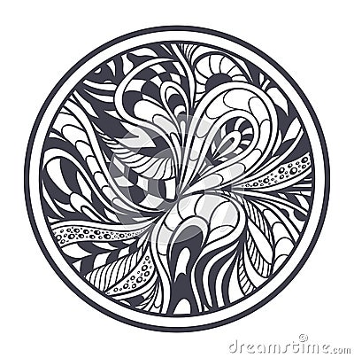 Abstract background in Zen-tangle Zen-doodle style black on white in circle Vector Illustration