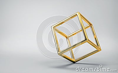 Abstract balancing gold cube on gray background Stock Photo