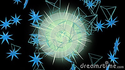 Abstract ball emits large blue snowflakes and transparent triangles. Flying in endless space. Close-up of endless flight. Seamless Stock Photo