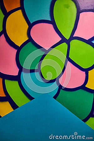 Abstract balloons or scales as wall art with green blue yellow pink purple and orange blobs at Otherworld in Ohio Editorial Stock Photo