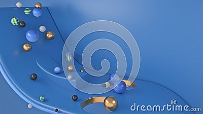 Abstract balls of different size rolling down the slope of a bended shaped object. Animation. Small and big spheres Stock Photo
