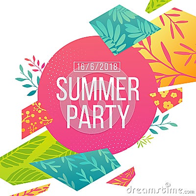 Abstract banner design for summer psrty. Geometrical triangular hexagons with pattern of leaves, twig, herbs and flowers Vector Illustration