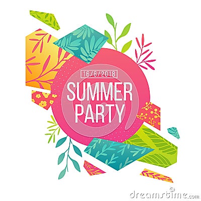 Abstract banner design for summer psrty. Geometrical triangular hexagons with pattern of leaves, twig, herbs and flowers Vector Illustration