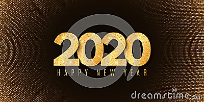 Abstract banner for Happy new year 2020. Fluid design. Halftone glowing pattern. Gold glitter numbers. Festive cover. Greeting Vector Illustration