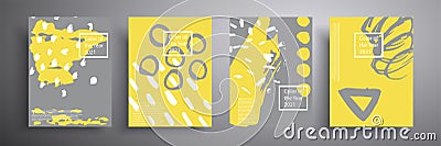 Abstract banner, set of four creative minimalistic illustrations in gray and yellow color. Trendy colors of 2021. Cartoon Illustration