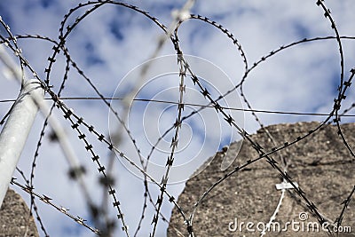 Abstract barbed wire detail of strong topwith straight concrete Stock Photo