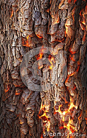 Abstract bark tree background. Bark of pine, spruce, oak. Raster bitmap concept pattern. Burning flame fire Stock Photo