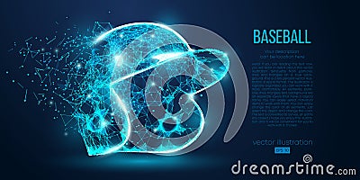 Abstract baseball helmet from particles, lines and triangles on blue background. Low poly neon wire outline geometric Vector Illustration