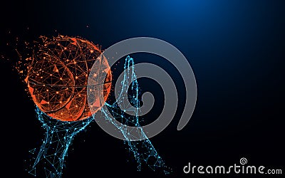 Abstract basketball player hands shooting basketball form lines and triangles, point connecting network on blue background. Vector Illustration