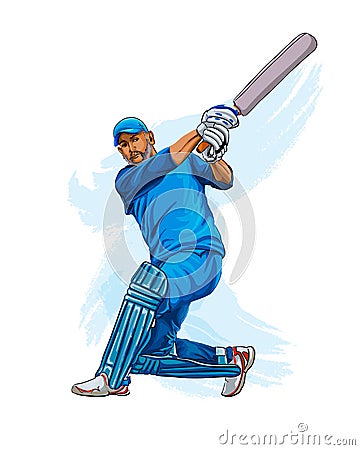 Abstract batsman playing cricket from splash of watercolors, colored drawing, realistic Vector Illustration