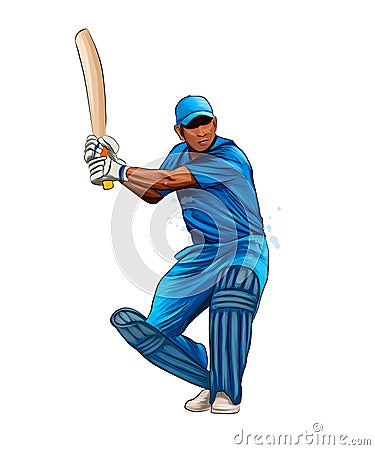 Abstract batsman playing cricket from splash of watercolors, colored drawing, realistic Vector Illustration