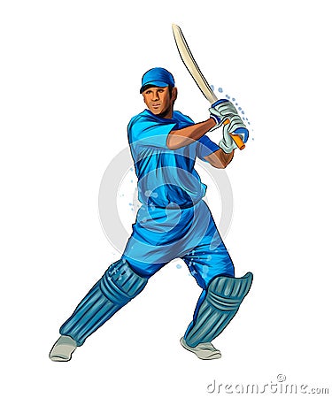 Abstract batsman playing cricket from splash of watercolors, colored drawing, realistic Vector Illustration