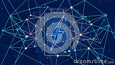 Abstract Battery Charging Icon form lines and triangles, point connecting network on blue background. Illustration vector Vector Illustration