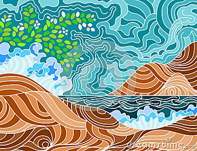 Abstract beach doodle scene Vector Illustration