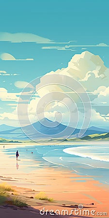 Abstract Beach Painting With Person Walking In Water Cartoon Illustration