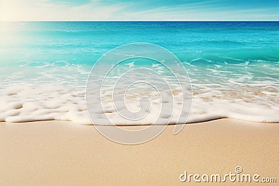 an abstract beach, where sandy shores meet radiant sunlight and soothing turquoise waves an exquisite background concept for a Stock Photo