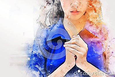 Abstract beautiful Asia women portrait are praying and blessing on walking street on watercolor illustration painting background. Cartoon Illustration