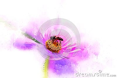 Abstract beautiful bee on pink flower blooming on watercolor. Stock Photo