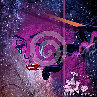 Abstract beautiful cover art with crying woman in space Stock Photo