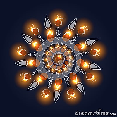Happy Diwali Background. Burning Candle On Dark Background Vector Illustration