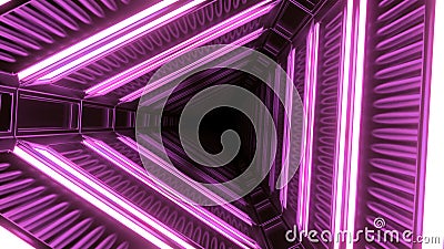 Abstract bending colorful tunnel in sci fi world. Design. Pink neon rotating triangular shapes. Stock Photo