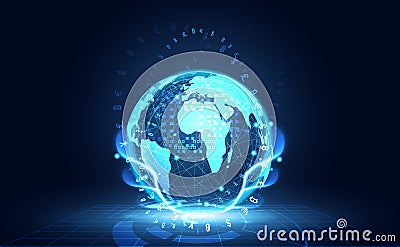 Abstract Big data Communication Technology global digital cryptocurrency Concept Global Blockchain, World information, web intern Vector Illustration