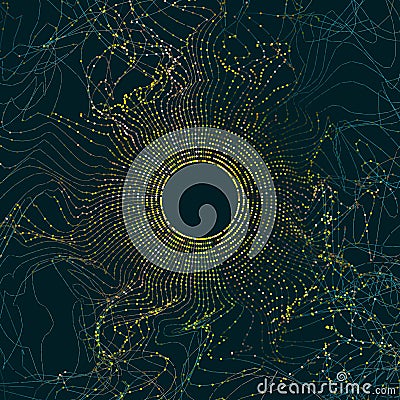 Abstract big data illustration. Particle circle grid glitch and wave. Digital bigdata background Vector Illustration