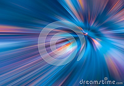 Abstract big data, speed, colorful rays, fibers background in violet and blue color. 3D tunnel Illustration Stock Photo