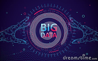 Abstract bigdata coding science background. Circle geometric particle. Hands touching big data stream futuristic infographic Vector Illustration