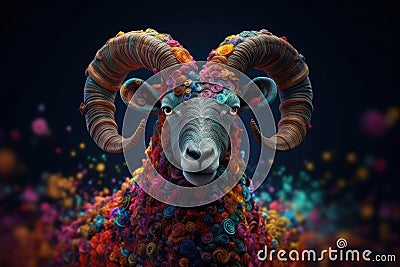 Abstract of Bighorn Ram or sheep portrait, Aries zodiac sign with multi colored colorful on skin body and hairs paint, Vibrant Stock Photo