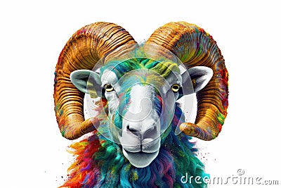 Abstract of Bighorn Ram or sheep portrait isolated on white background, Aries zodiac sign with multi colored colorful on skin body Stock Photo