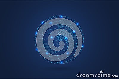 Abstract Binary world map with Blue Polygonal Space Background with Connecting Dots and Lines Vector Illustration