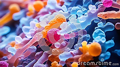 Abstract biology. Microscopy of colorful organic structures, microorganisms, cells. Microbiology concept. Generative AI Stock Photo