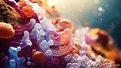 Abstract biology. Microscopy of colorful organic structures, microorganisms, cells. Microbiology concept. Generative AI Stock Photo