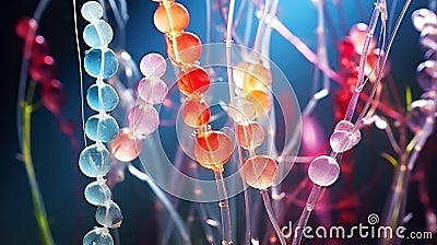 Abstract biology. Microscopy of colorful organic structures, microorganisms, cells. Microbiology concept. Generative AI Stock Photo