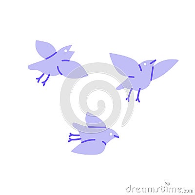 Abstract bird flock flies in air. Spring birdies flying. Cute songbirds flapping wings, soaring in the sky. Funny animal Vector Illustration