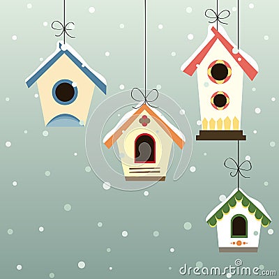 Abstract bird house set in the snowfall Vector Illustration