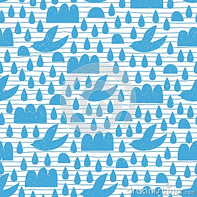 Abstract bird seamless pattern with cloud and rain drop Vector Illustration