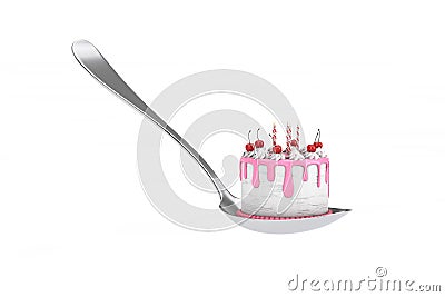 Abstract Birthday Cartoon Dessert Cherry Cake with Candles on a Spoon. 3d Rendering Stock Photo