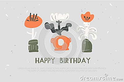 Abstract birthday greeting card, modern anniversary illustration, floral banner, fun graphic background Cartoon Illustration