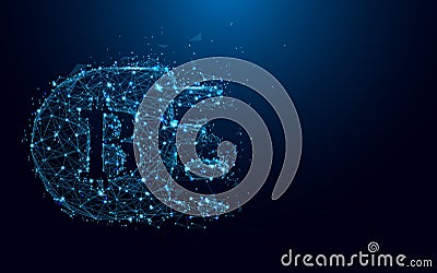 Abstract Bitcoin form lines and triangles, point connecting network on blue background Vector Illustration