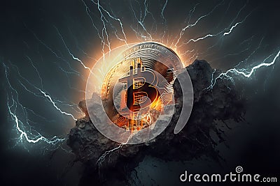Abstract Bitcoin image glows from lightning strike. Generative AI Stock Photo